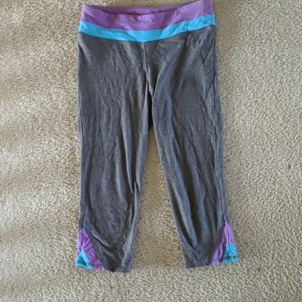 Justice gray capri leggings with purple and blue